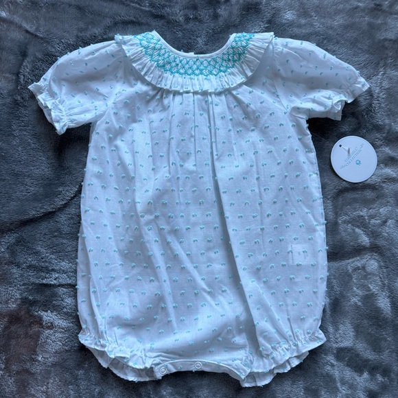 Ralph Lauren Other - Edgehill Collection Baby Girls' Round Smocked Swiss Dot Romper 9M White Aqua NWT